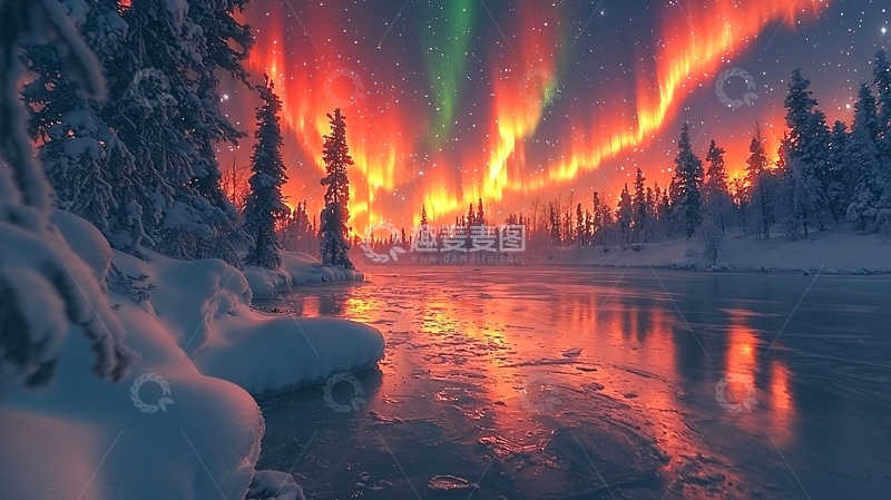 高清大图下载【趣麦麦图】冬季极光森林水面倒影