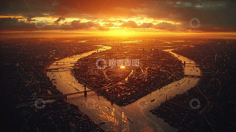 高清大图下载【趣麦麦图】城市日落河流交汇处