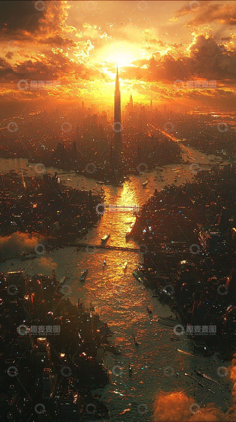 高清大图下载【趣麦麦图】夕阳下的未来城市景象