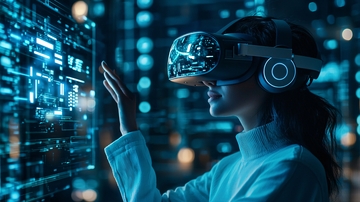 女子戴VR眼镜操作虚拟界面