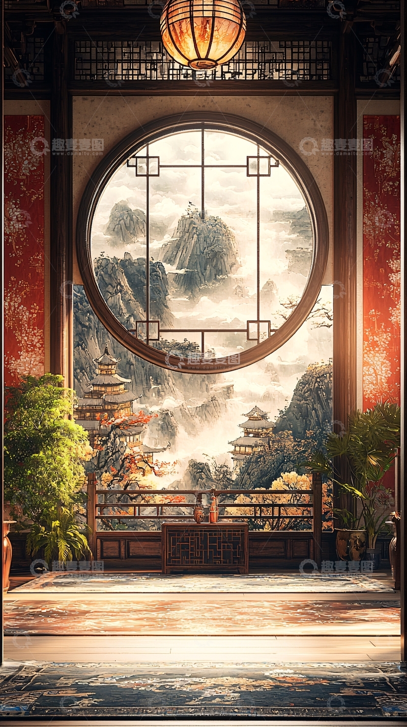 高清大图下载【趣麦麦图】中式窗户外的山水画