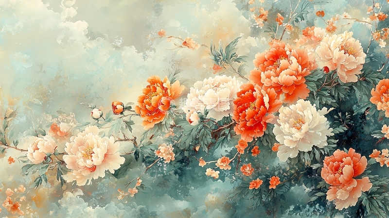 高清大图下载【趣麦麦图】粉色橙色牡丹花水彩画
