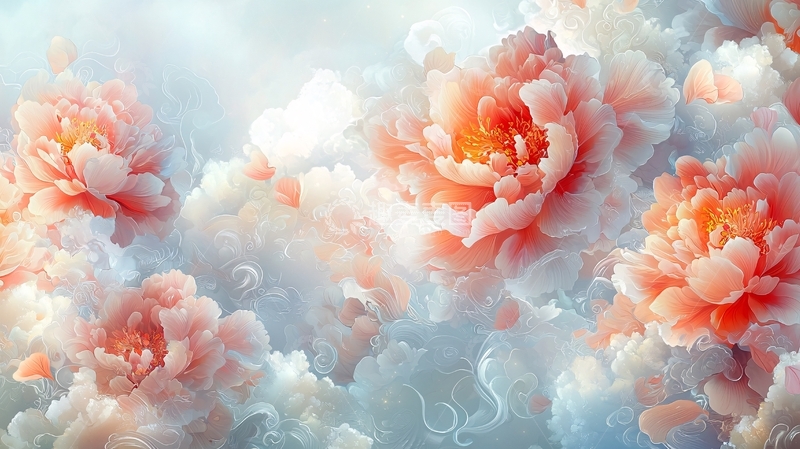 高清大图下载【趣麦麦图】粉色花朵与云雾背景