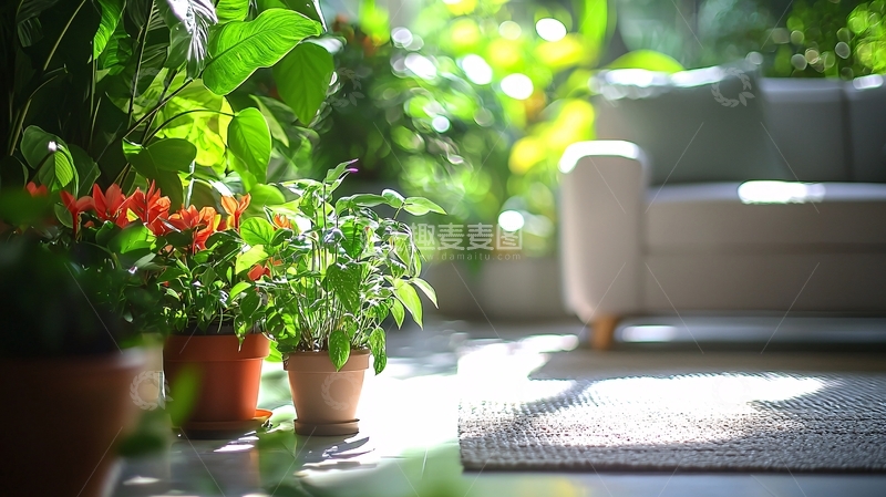 高清大图下载【趣麦麦图】明媚阳光下的室内绿植一角