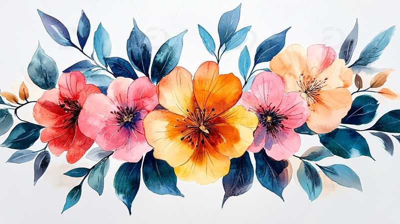 鲜花和叶子水彩风格