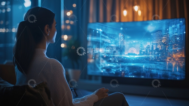 高清大图下载【趣麦麦图】女子观看未来都市夜景电视