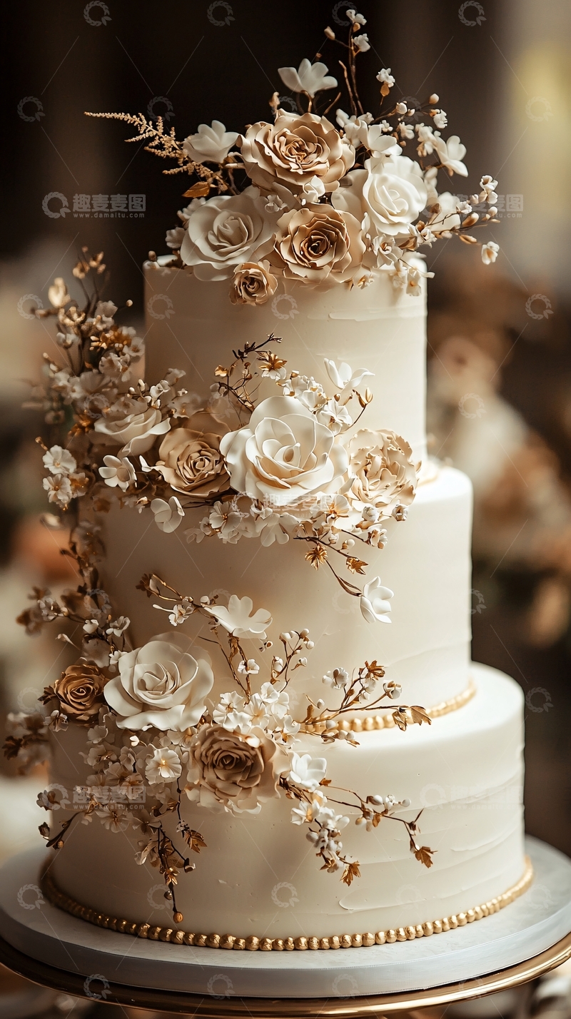 高清大图下载【趣麦麦图】白色花朵装饰的婚礼蛋糕