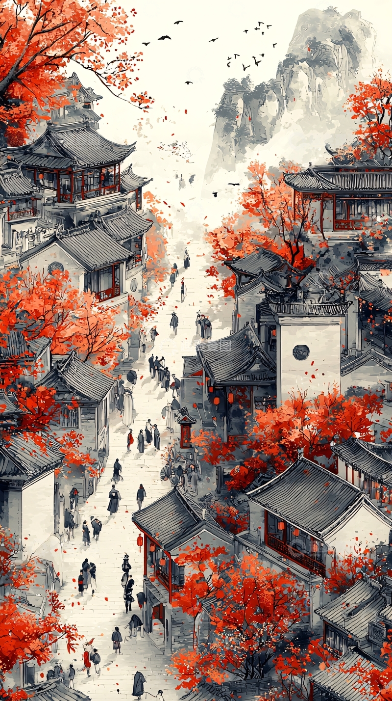 高清大图下载【趣麦麦图】水墨风红色树木的古镇