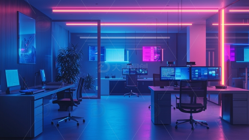 霓虹灯下的电竞工作室