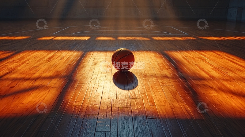 高清大图下载【趣麦麦图】阳光洒在地板上的篮球