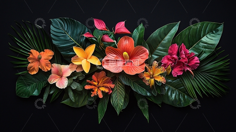 高清大图下载【趣麦麦图】热带花卉叶子组合静物
