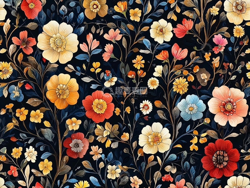 高清大图下载【趣麦麦图】繁花盛开的复古印花图案