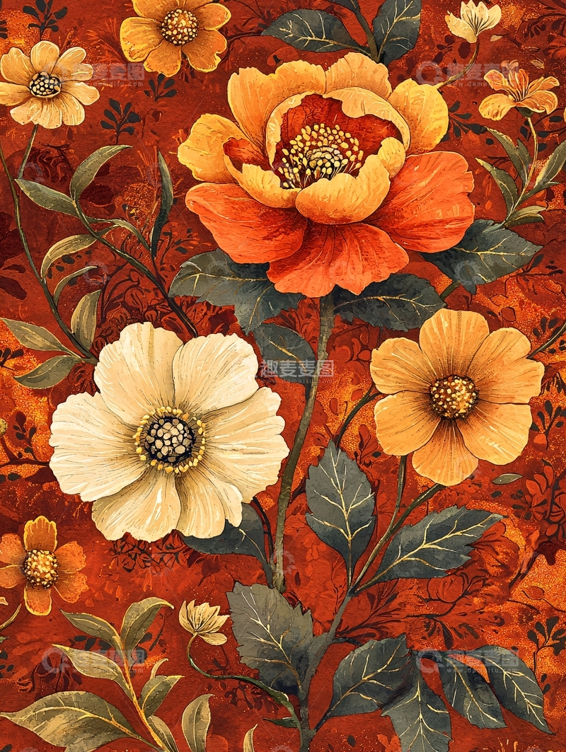 高清大图下载【趣麦麦图】复古风格花卉图案