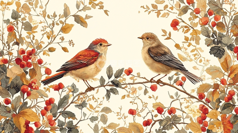 高清大图下载【趣麦麦图】两只小鸟在枝头上