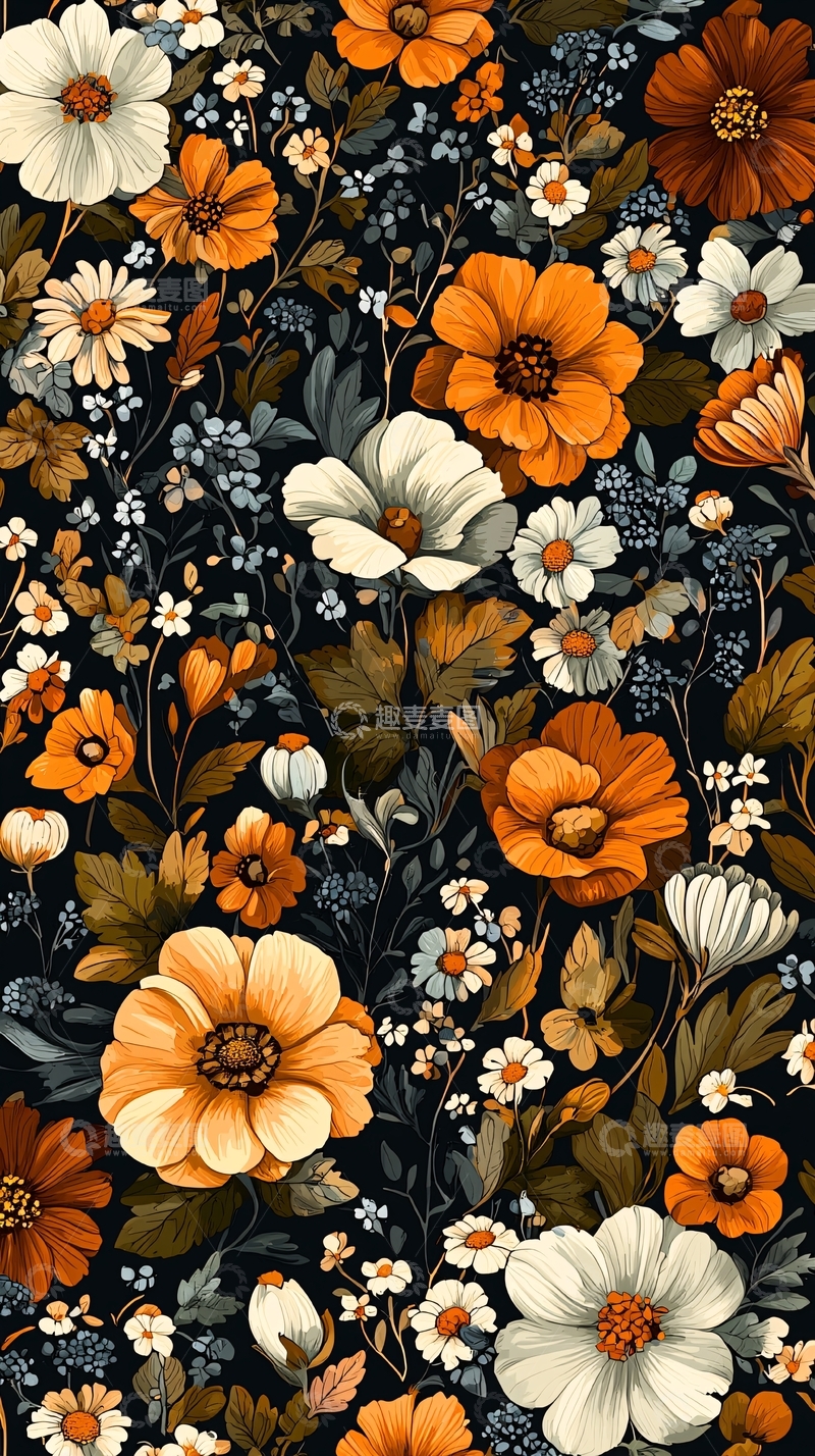 高清大图下载【趣麦麦图】橙色白色花朵的复古壁纸