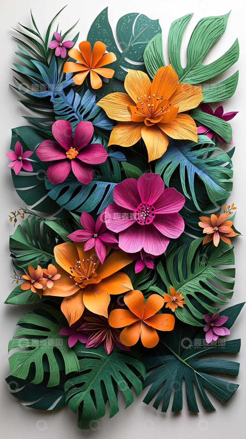 高清大图下载【趣麦麦图】热带花卉剪纸风格