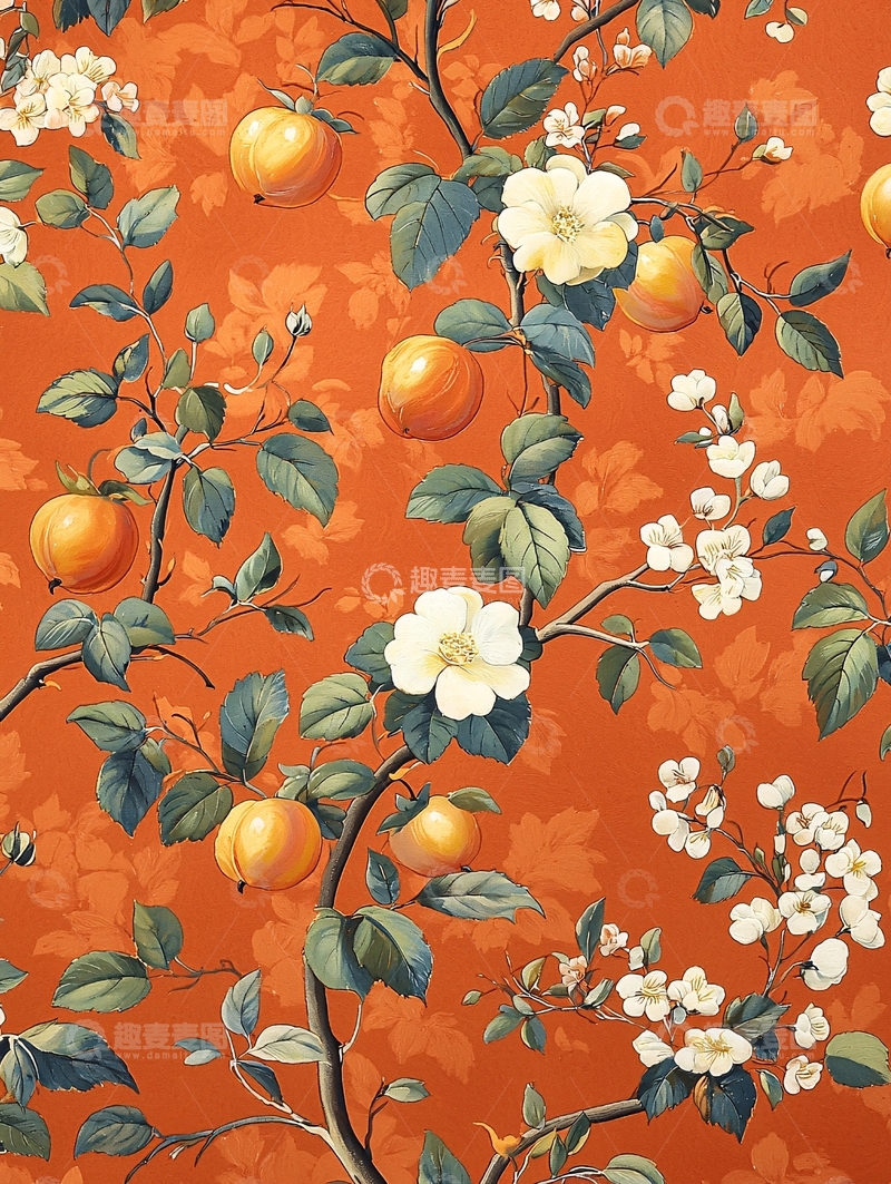 高清大图下载【趣麦麦图】橘色底苹果花卉图案