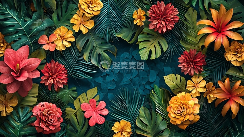 高清大图下载【趣麦麦图】热带花卉绿叶背景