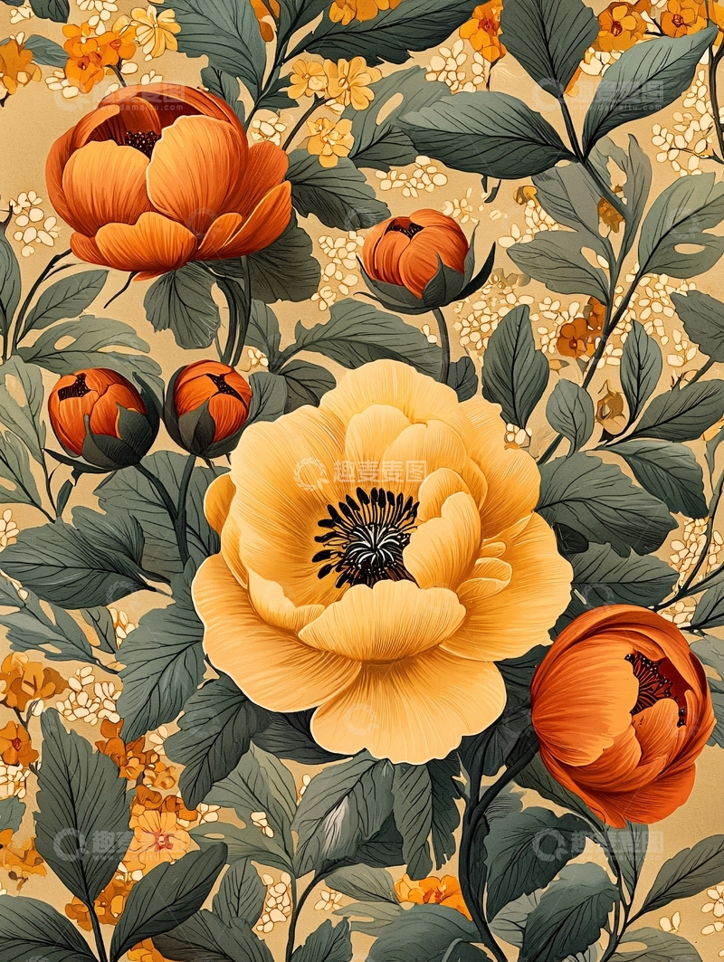 高清大图下载【趣麦麦图】黄色牡丹花和绿色叶子