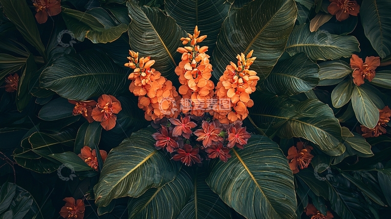 高清大图下载【趣麦麦图】橙色花朵与绿叶丛生