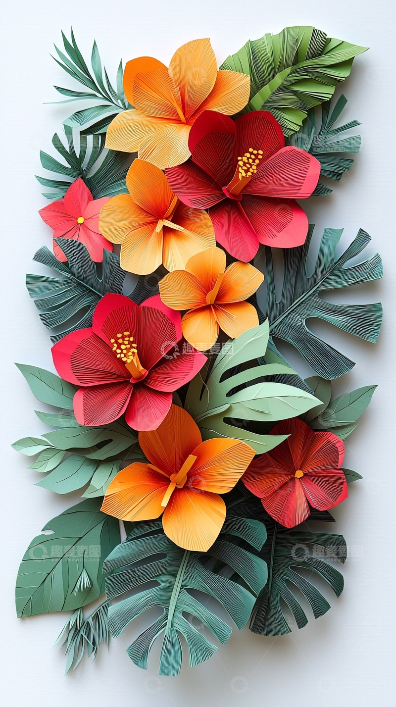 高清大图下载【趣麦麦图】热带花卉剪纸风格