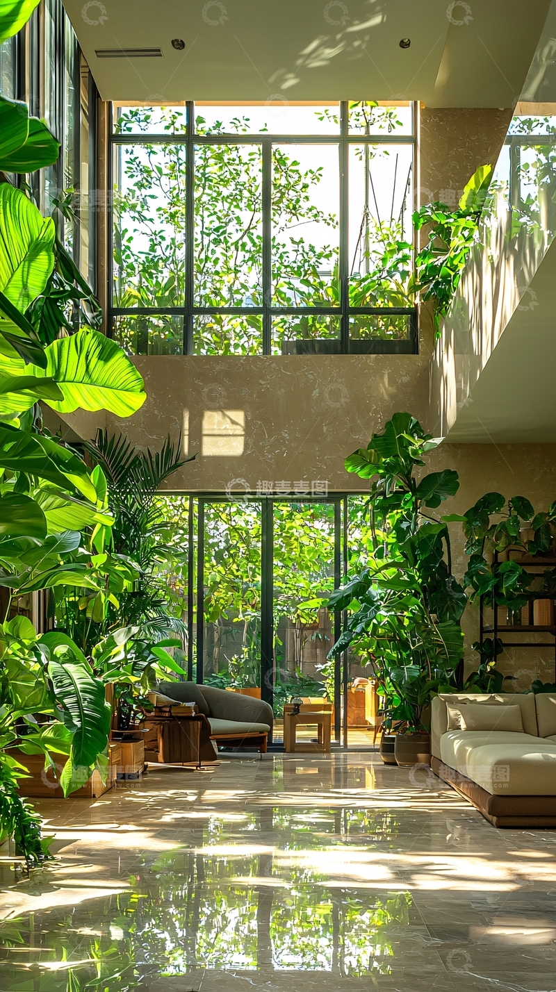 高清大图下载【趣麦麦图】室内绿植环绕落地窗