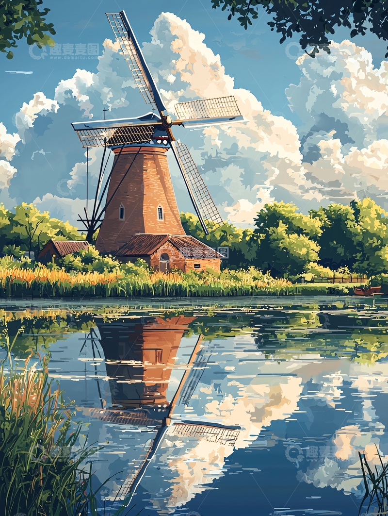 高清大图下载【趣麦麦图】风车在湖边