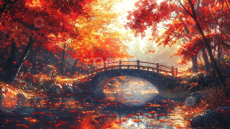 高清大图下载【趣麦麦图】秋日红叶小桥流水