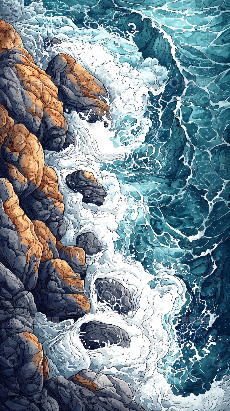 高清大图下载【趣麦麦图】海浪拍打岩石海岸线