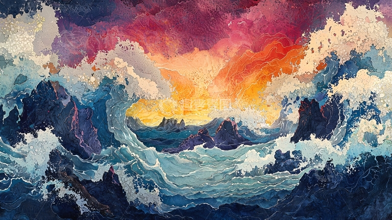 高清大图下载【趣麦麦图】波涛汹涌的日出海景