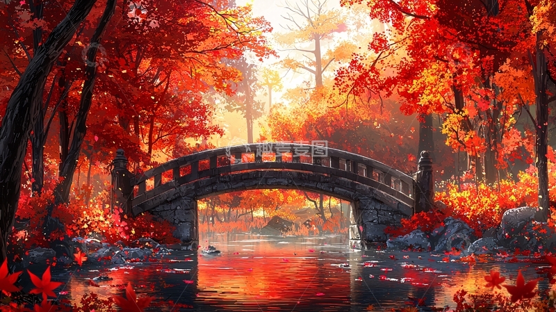 高清大图下载【趣麦麦图】秋日红叶小桥流水