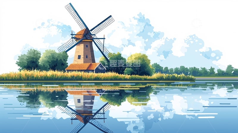 高清大图下载【趣麦麦图】风车水面倒影的清新风景
