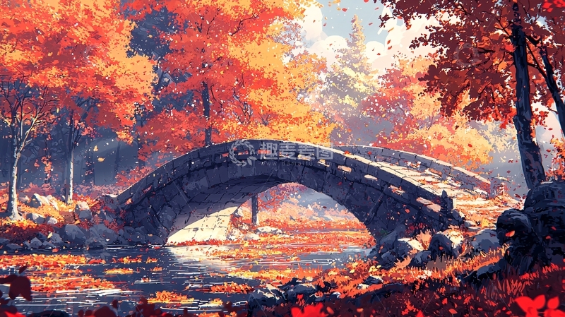 高清大图下载【趣麦麦图】秋日树林中的石桥