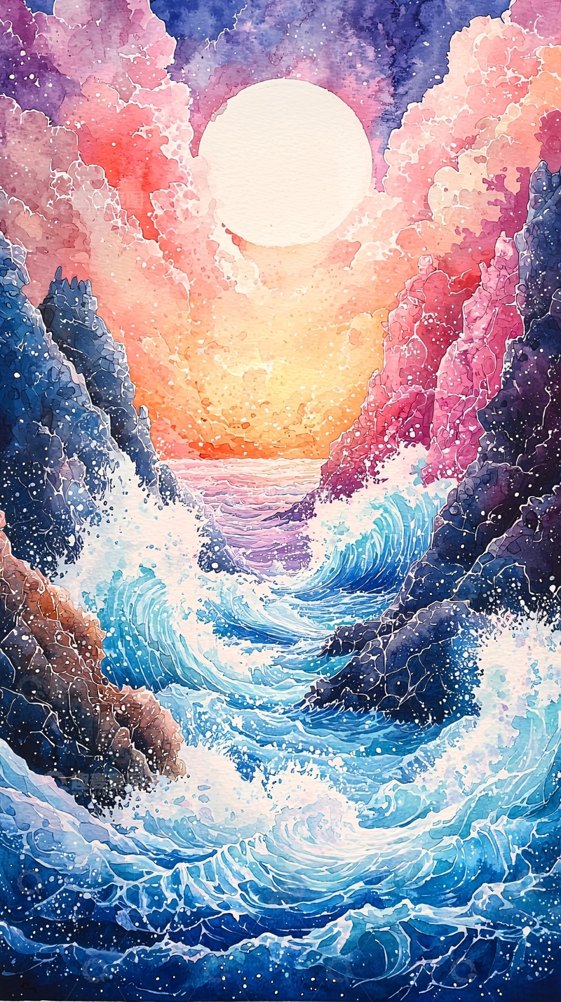 高清大图下载【趣麦麦图】水彩画日落海景