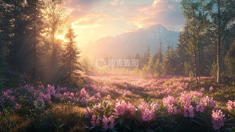 高清大图下载【趣麦麦图】唯美花田森林日出