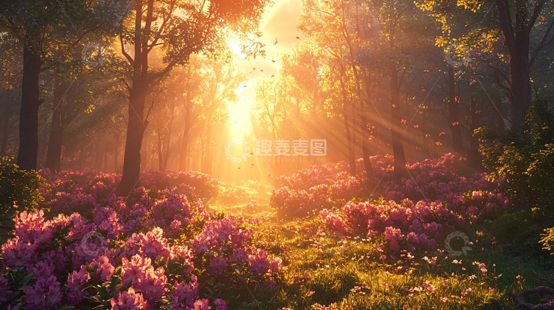 高清大图下载【趣麦麦图】阳光穿透森林照亮花朵