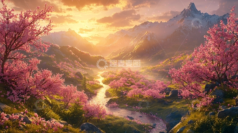 高清大图下载【趣麦麦图】粉色樱花山谷日落美景