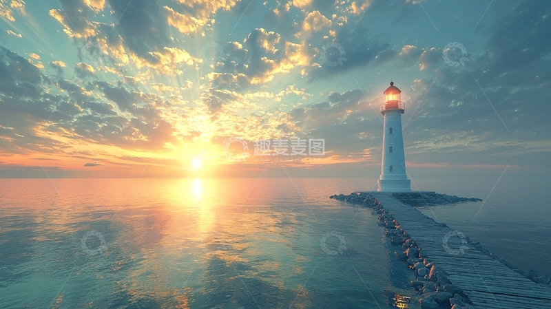 高清大图下载【趣麦麦图】灯塔日出光辉海面