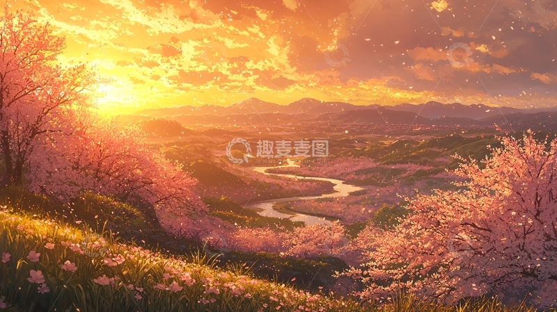 高清大图下载【趣麦麦图】樱花下的金色日落