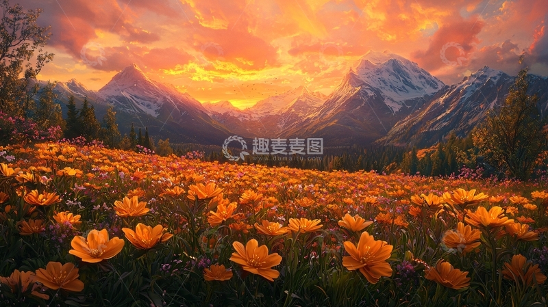 高清大图下载【趣麦麦图】金色花田和远处雪山的美丽风景