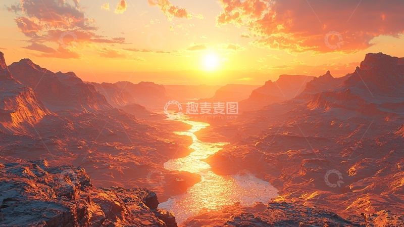 高清大图下载【趣麦麦图】夕阳下的山谷河流
