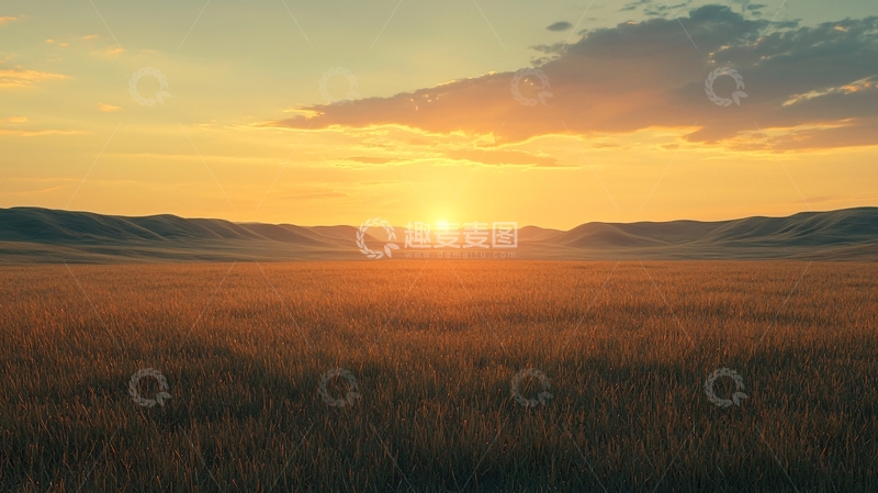 高清大图下载【趣麦麦图】金色夕阳下的广袤草原