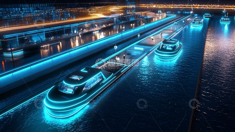 高清大图下载【趣麦麦图】夜晚灯光下的水上航运