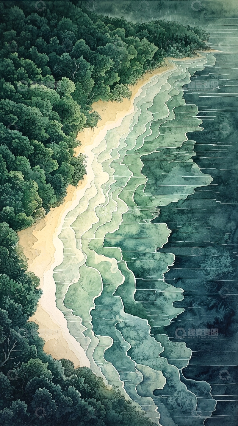 高清大图下载【趣麦麦图】海岸线森林水彩风格