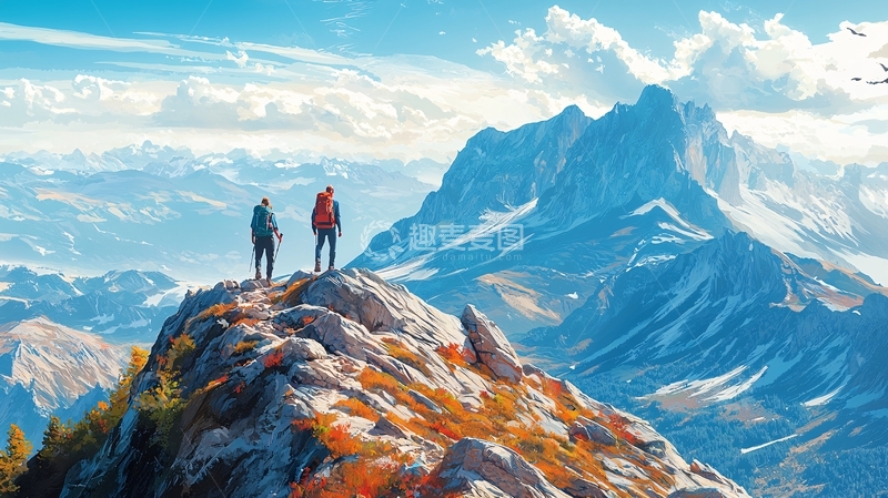 高清大图下载【趣麦麦图】登山者眺望远处雪山