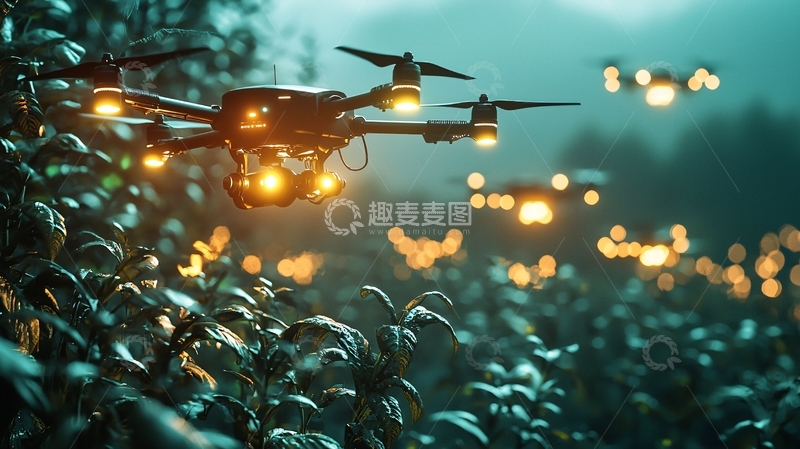高清大图下载【趣麦麦图】夜晚无人机群飞跃植物