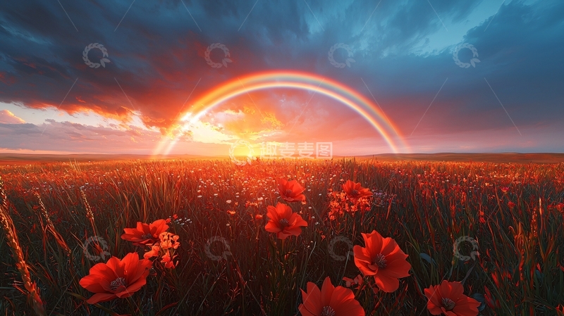 高清大图下载【趣麦麦图】麦田日落双彩虹美景