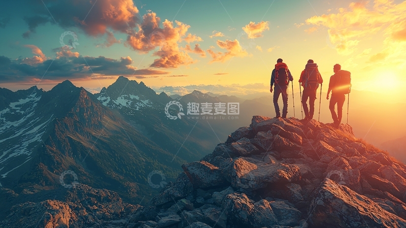 高清大图下载【趣麦麦图】山顶远眺日落的三人