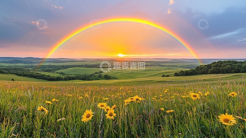 高清大图下载【趣麦麦图】田园风光彩虹下的日落