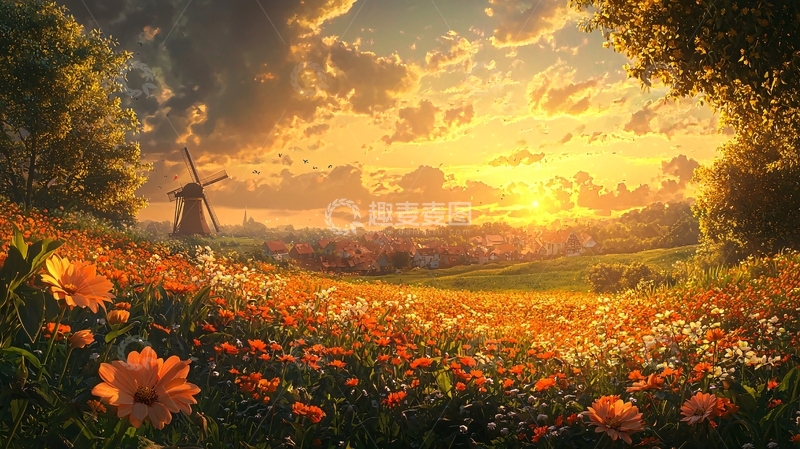 高清大图下载【趣麦麦图】田野上的日落风车